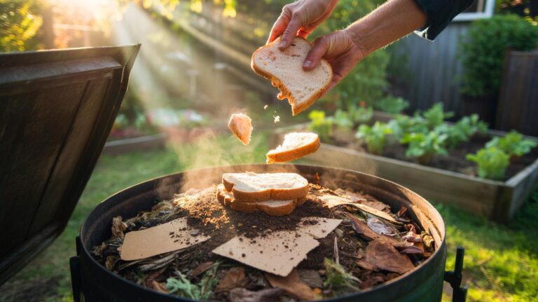 Illustration of stale bread pieces being mixed into a backyard compost bin to accelerate decomposition and improve soil health
