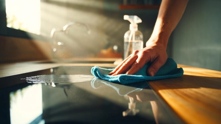 Illustration of a person using a microfiber cloth to wipe a kitchen countertop, leaving a streak-free, dust-free surface