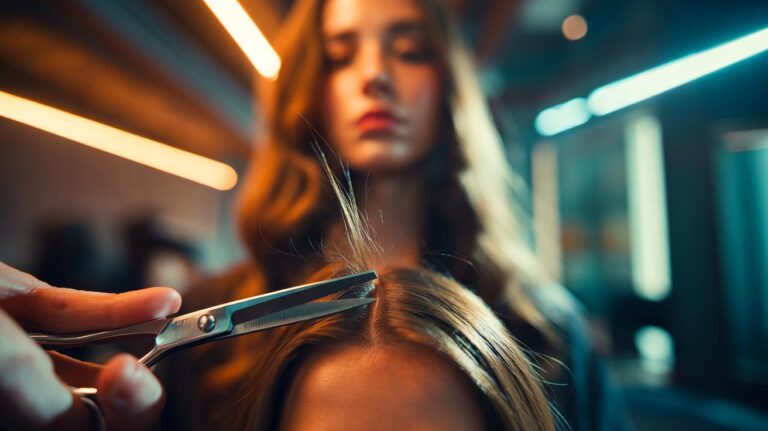 Illustration of micro-trimming hair ends with salon shears to prevent split ends