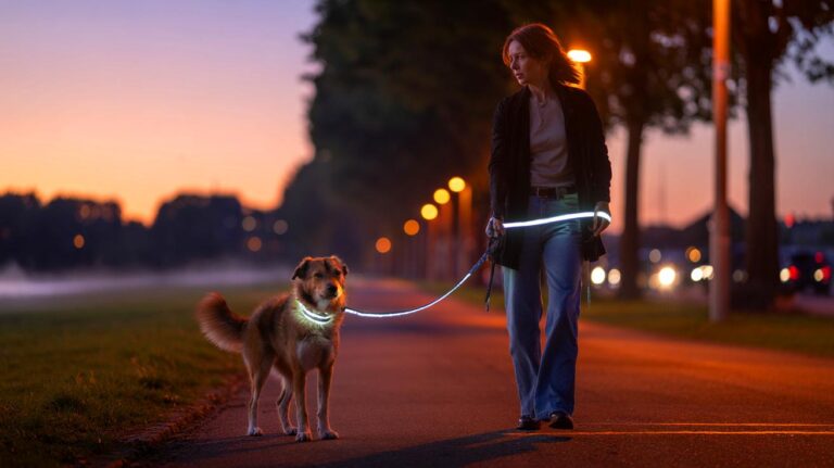 Illustration of a person walking a dog at dusk, reflecting shared mood benefits