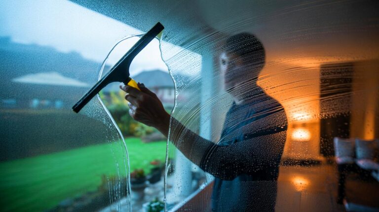 Illustration of washing windows on a cloudy day
