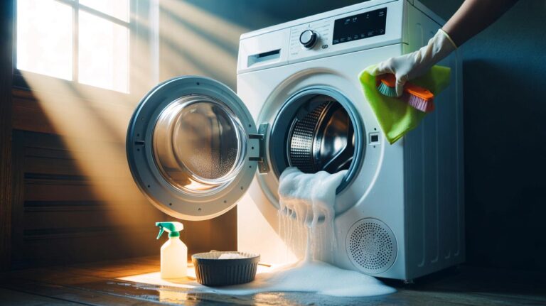Illustration of a person cleaning the rubber gasket and detergent drawer of a front-load washing machine to prevent damp, musty odors from laundry